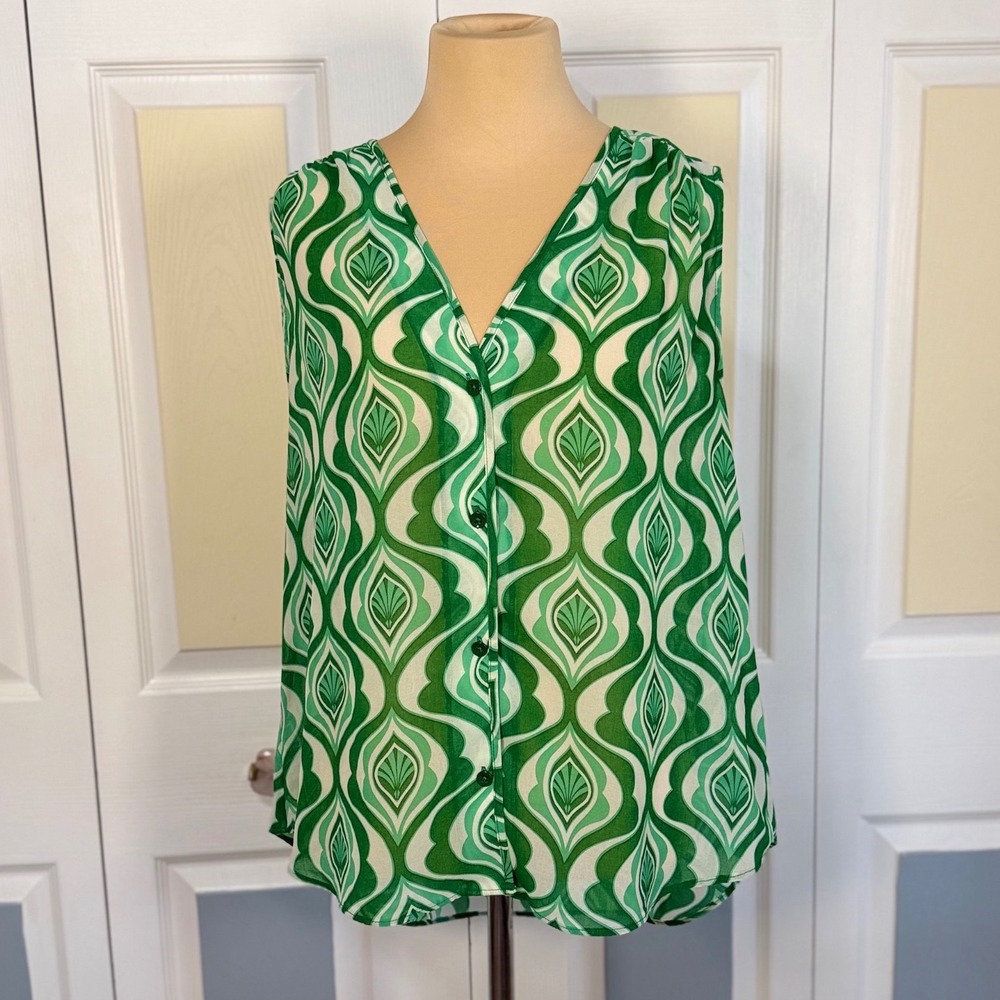 Cabi 6321 Green White Geometric Scroll Ogee V-Neck Sleeveless Blouse Womens L
